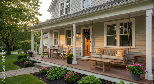 A house with a large, open front porch and comfortable seating