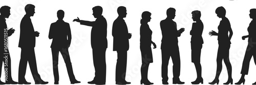 Silhouette Collection of Business People Talking, Standing in Line, Communicating in Groups, Vector Illustration for Corporate and Office Concepts