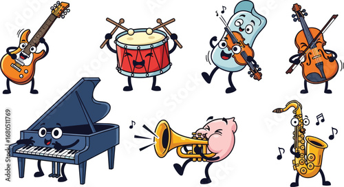 Funny cartoon musical instruments characters, guitar, drum, piano, trumpet, saxophone, violin, cello, playing music, vector illustration, isolated