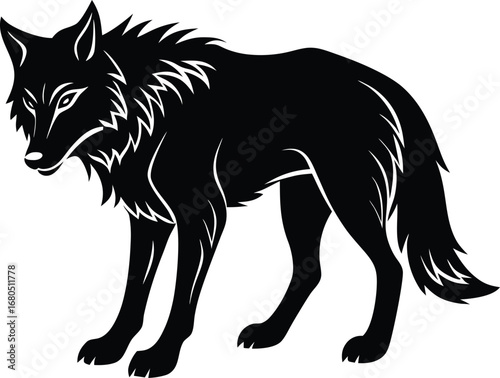 Black wolf silhouette standing with a watchful gaze in a vector illustration on white background
