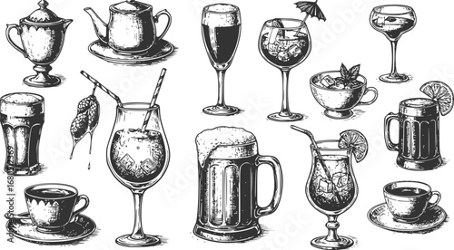 black and white engrave isolated drink set illustration
