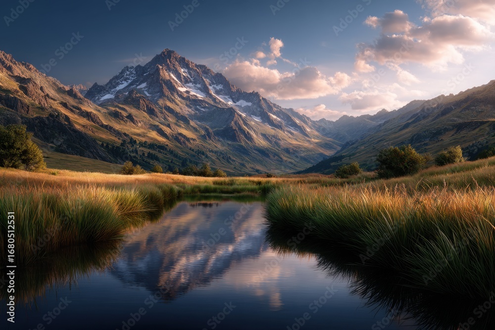 Fototapeta premium Mountain Lake Reflection Scenic Landscape Golden Hour Tranquil Scenery Nature