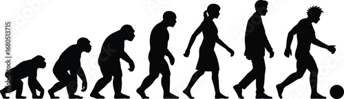 Silhouette evolution of human from ape to modern athlete playing ball, representing development, history, and progress through time.