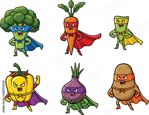 Cartoon Vegetable Superheroes – Broccoli, Carrot, Pepper, Onion, Potato – Fun Healthy Food Hero Vector Illustration for Kids and Education