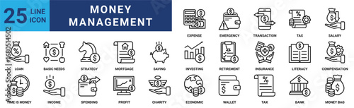 Money management icon set. Containing loan, basic needs, strategy, mortgage, saving, investing, retirement and more. Solid vector icons collection