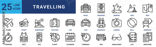 Travelling icon set. Containing ticket, surfboard, suitcase, car, taxi, backpack, camera and more. Solid vector icons collection 