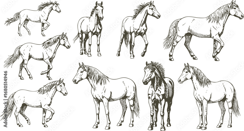 Fototapeta premium Vintage engrave isolated horse set illustration ink sketch. Wild mustang background nag art 