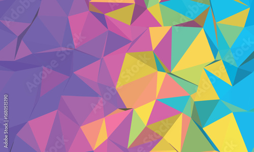 Colorful geometric shapes merge creating vibrant purple pink blue and yellow low poly background