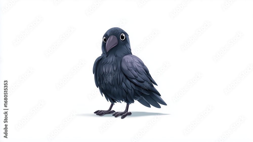 Fototapeta premium 3D raven bird icon with round body, cartoon style, clipart on white background 