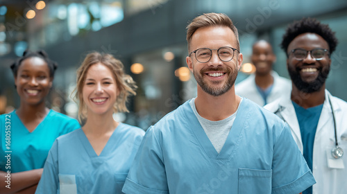 Group of happy healthcare workers standing together, smiling in medical uniforms, teamwork in hospital