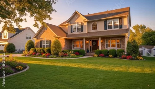 Suburban family house with manicured lawn at golden hour
