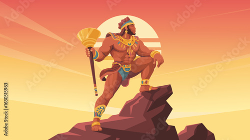 Vector illustration of the powerful Hindu deity Hanuman standing on a mountain at sunset, a concept of strength and devotion