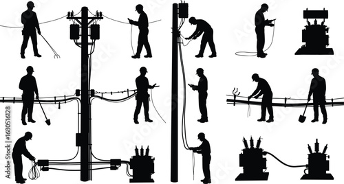 Silhouette electrical workers repairing power lines, utility pole maintenance, electrician installing wires, energy distribution system, transformer repair, construction site safety