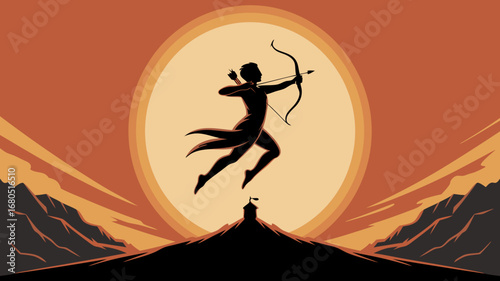 Dynamic vector illustration capturing a powerful archer's heroic leap, embodying legendary strength and spirit reminiscent of Hanuman, set against a vibrant, radiant sun
