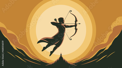 Dynamic vector illustration depicting a powerful, mythical archer soaring against a radiant sun, evoking the spirit of devotion and strength, a modern take on heroic legends like hanuman