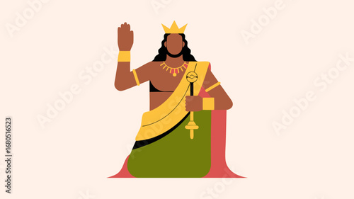 Vibrant vector illustration featuring a stylized regal figure, embodying the spirit of a divine warrior, with powerful hanuman-like strength and ancient cultural significance