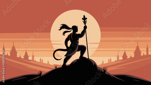 Hanuman vector silhouette powerful deity standing on a peak, overlooking ancient city under vibrant sunset, symbolizing strength and devotion