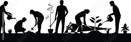 Silhouette illustration of people gardening, planting, watering, and working together in a garden to care for plants and nature.
