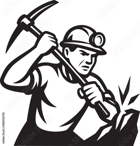 Intense miner strikes rock vigorously with pickaxe while wearing a helmet with light