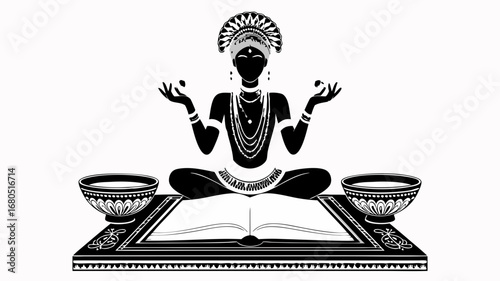 Vector art of a serene meditating deity, a powerful spiritual symbol embodying wisdom, tranquility, and devotion, with a focus reminiscent of hanuman