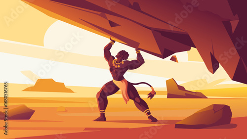 Powerful hanuman character in vector art lifts a colossal rock, symbolizing legendary strength and determination in a stylized desert landscape