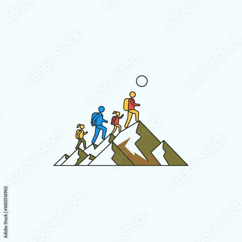 Family or Group Hiking Up Mountain Peak - Outdoor Adventure and Teamwork Icon
