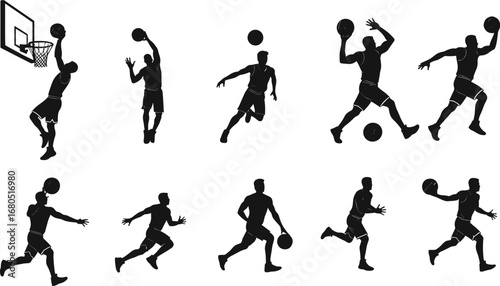 Wallpaper Mural Basketball player silhouette, dunking basketball, dribbling, shooting, passing, jumping, sports action, athlete, basketball game, competition, teamwork Torontodigital.ca