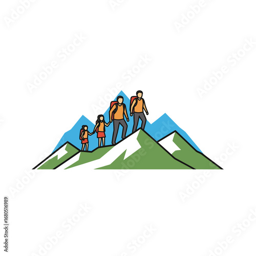 Family Hiking Mountain Adventure Vector Illustration