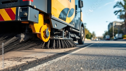 Close up of street sweeper cleaning asphalt road