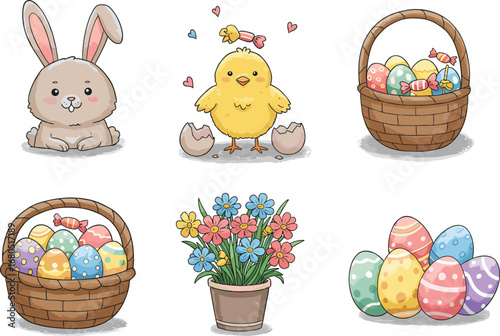 Cute Easter Cartoon Vector Set – Bunny, Chick, Basket, Eggs, Flowers – Spring Holiday Icons for Kids, Decor, and Celebration Design