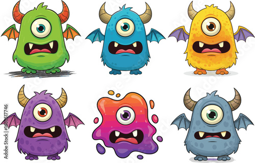 Cute Cartoon One-Eyed Monsters with Colorful Wings and Expressions, Fun Fantasy Creatures for Kids Educational Stock Vector Illustration Design
