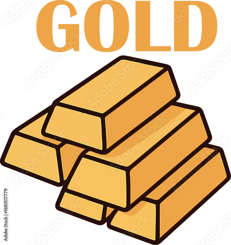 Stacked shiny golden bars present riches and wealth above the word gold