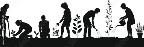 Silhouette illustration of people planting, watering, and working together in a garden, promoting sustainability, teamwork, and nature care activities.