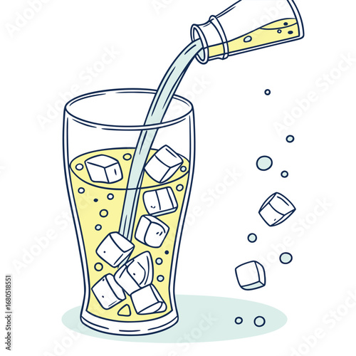 Effervescent Pour: Refreshing drink being poured into a glass filled with ice cubes, a perfect image of summer.