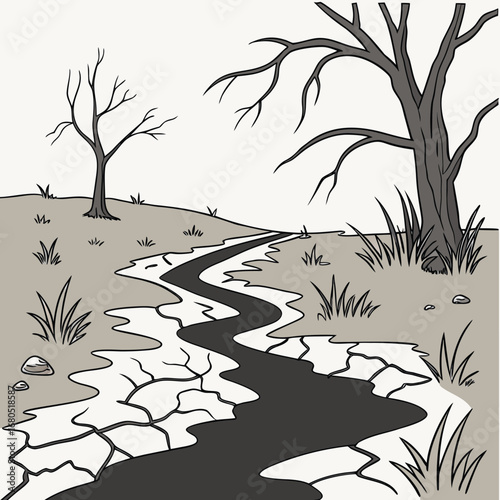 Dry Creek: A desolate landscape is dominated by a cracked, dry creek bed meandering through the barren land.