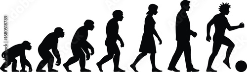 Silhouette illustration showing the evolution of man from ape to modern human including woman and creative figure with spiky hair.
