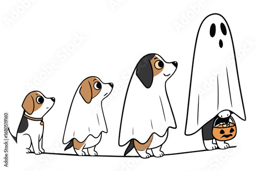 A procession of dogs in Halloween ghost costumes and a candy-carrying pup puppy