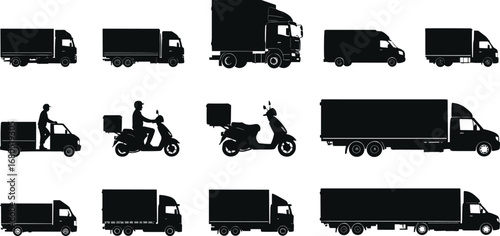 Delivery trucks and scooters silhouettes, cargo transportation, logistics vehicles, delivery service, freight transport, express shipping, courier motorbike, commercial vehicles, transportation fleet