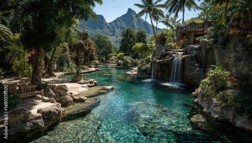 Tropical oasis with turquoise pool, waterfall, and lush greenery