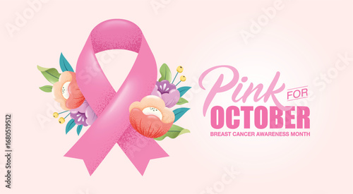 Breast cancer awareness month poster design with pink ribbon and flowers

