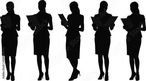 Silhouette of a businesswoman reading a document in various professional poses, symbolizing focus, work, and corporate environment.