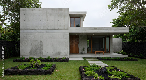 A house with a raw, unfinished concrete exterior