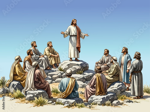 Watercolor Jesus Preaching to Twelve Disciples on the Mount Bible Illustration