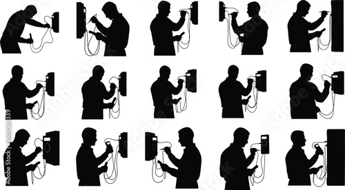 Silhouette electrician technician using digital multimeter, electrical testing worker checking voltage power, maintenance engineer repairing equipment with safety professional tools