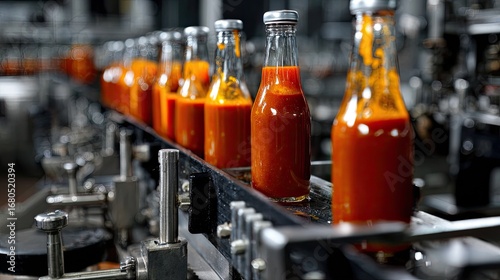Filled bottles of red sauce on a factory conveyor belt