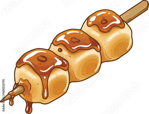 Mitarashi Dango Skewer Illustration with Sweet Soy Glaze Vector illustration