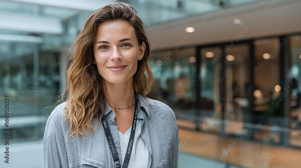 Obraz premium Smiling woman with an ID badge standing in a modern office, confident and professional