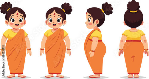 2D Cartoon Indian Woman in Orange Saree – Character Turnaround