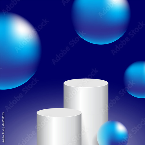 3D white podium cylinders with floating blue metallic spheres on dark gradient background, modern stage for product showcase or luxury presentation.
