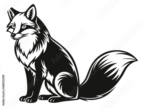 Black and White Stylized Fox Sitting Facing Left with Bushy Tail animal wildlife